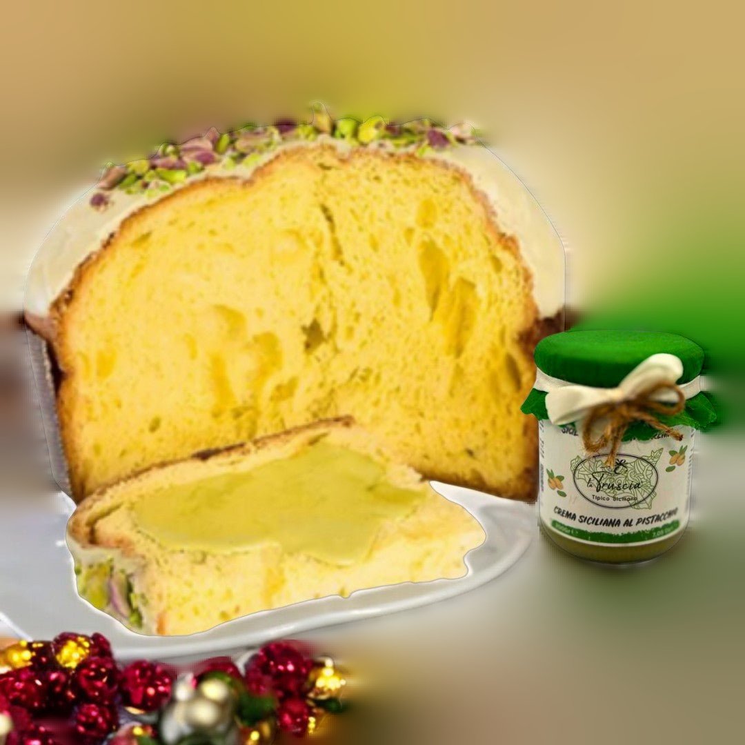 Panettone Artigianale al Pistacchio di Sicilia con Vasetto di Crema al Pistacchio Spalmabile 1 kg
