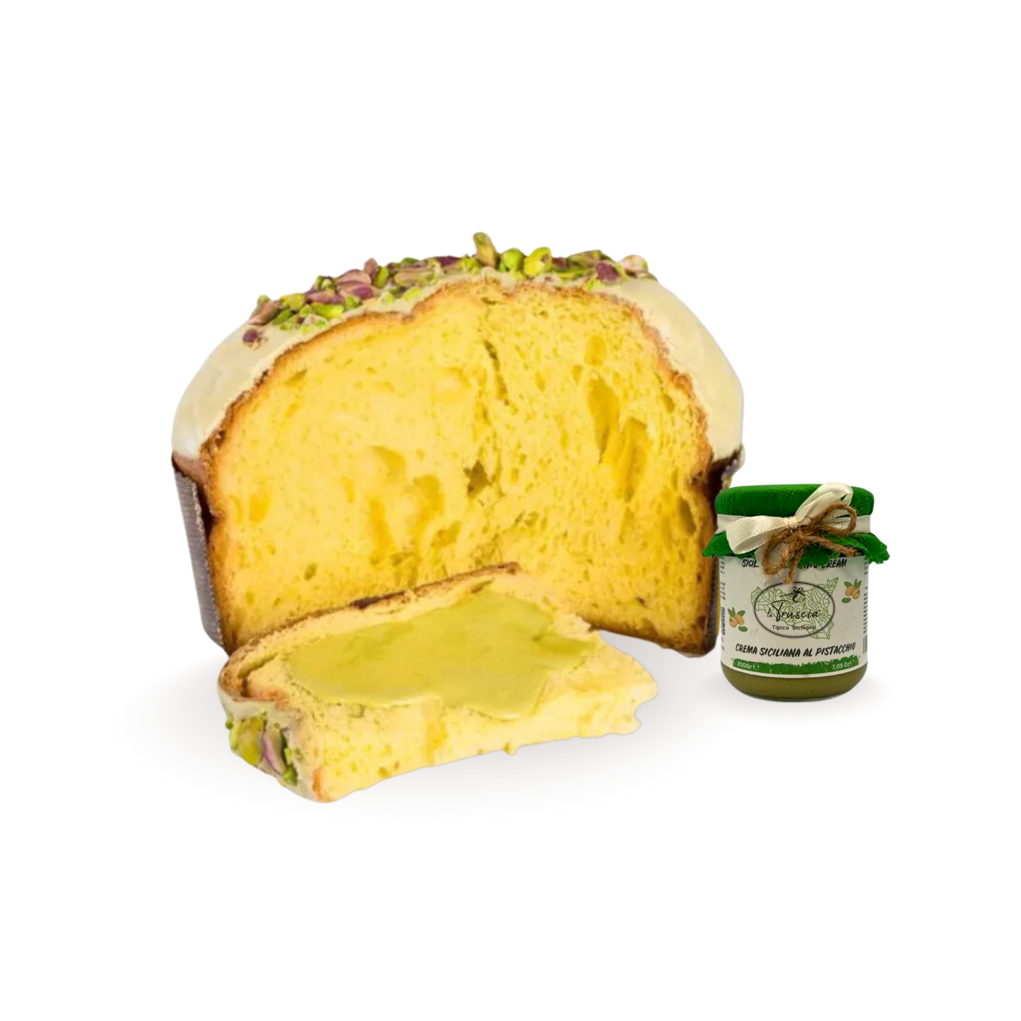 Panettone Artigianale al Pistacchio di Sicilia con Vasetto di Crema al Pistacchio Spalmabile 1 kg – dettaglio 4