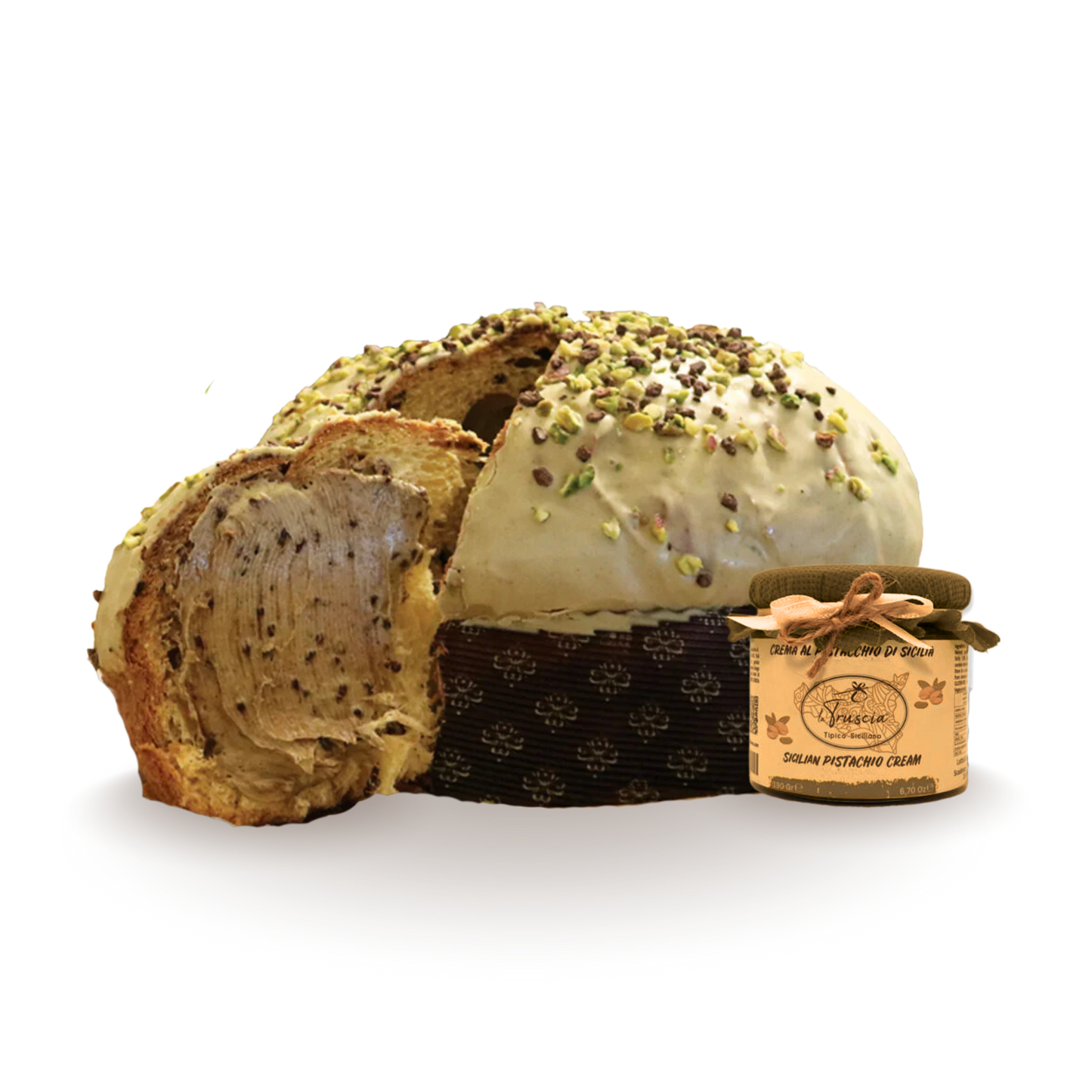 Panettone Artigianale con Cioccolato Siciliano e Pistacchio e Vaso di Crema Spalmabile 940gr