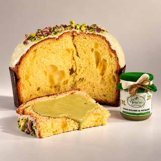 Panettone Artigianale al Pistacchio di Sicilia con Vasetto di Crema al Pistacchio Spalmabile 1 kg