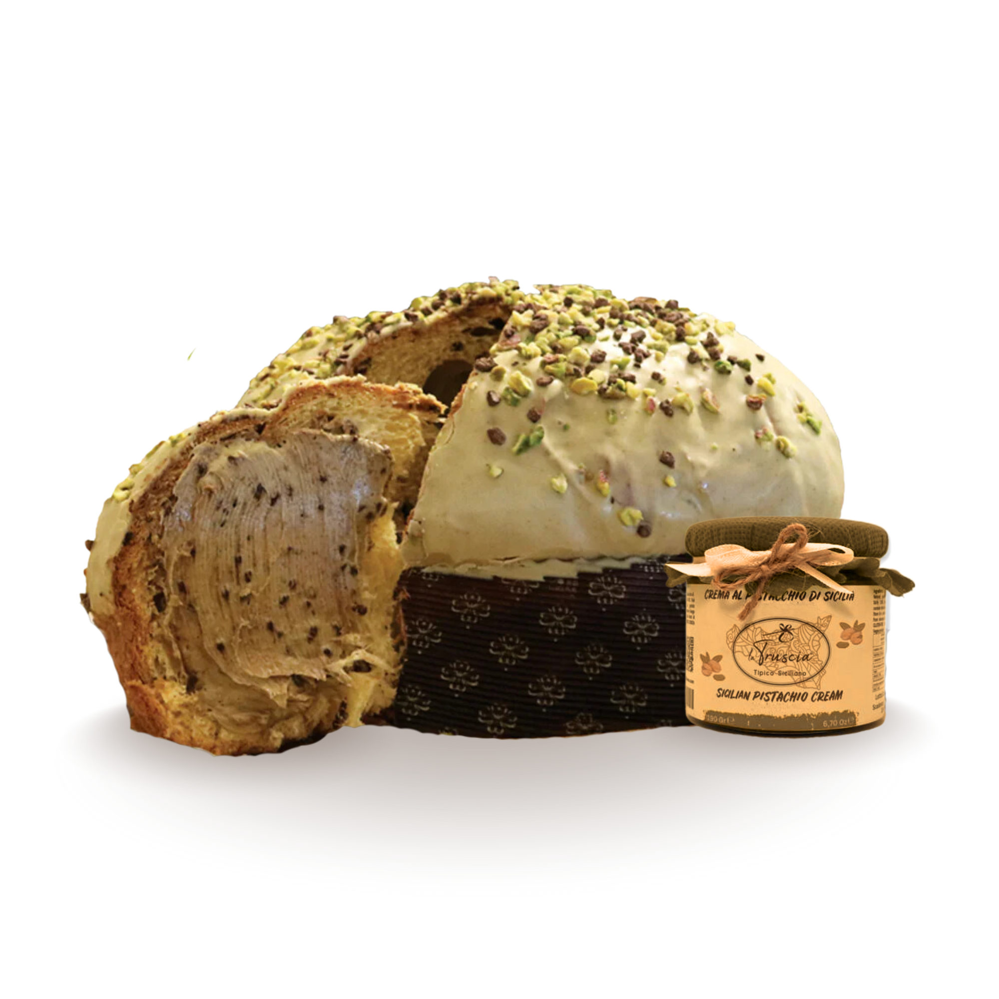 Artisan Panettone with Sicilian Chocolate and Pistachio and Jar of Spread Cream